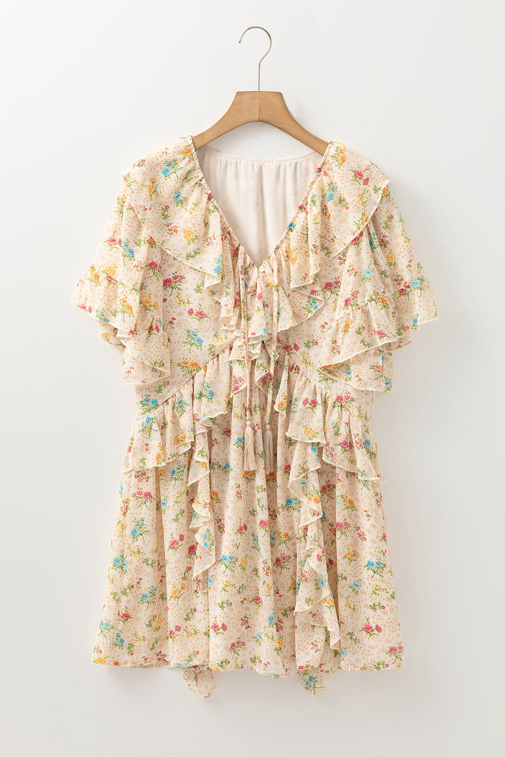 Apricot Boho Floral Tassel Tie V Neck Ruffle Wide Sleeve Mini Dress