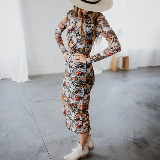 Brown Floral Allover Print Mock Neck Bodycon Long Sleeve Midi Dress