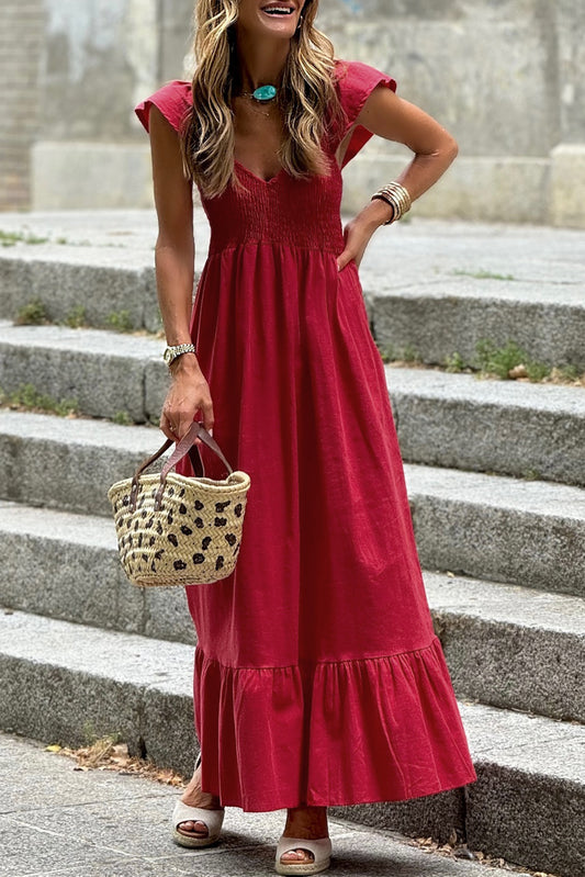 Fiery Red V Neck Flutter Sleeve Smocked Bodice High Waist Ruffle Maxi Dress