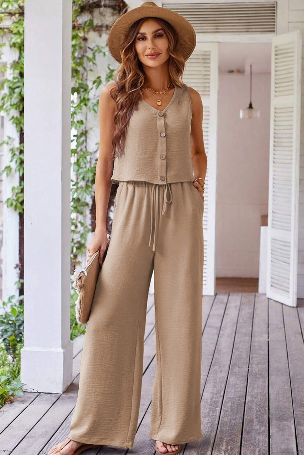 Goat Buttoned Vest Drawstring Wide Leg Pants 2pcs Set