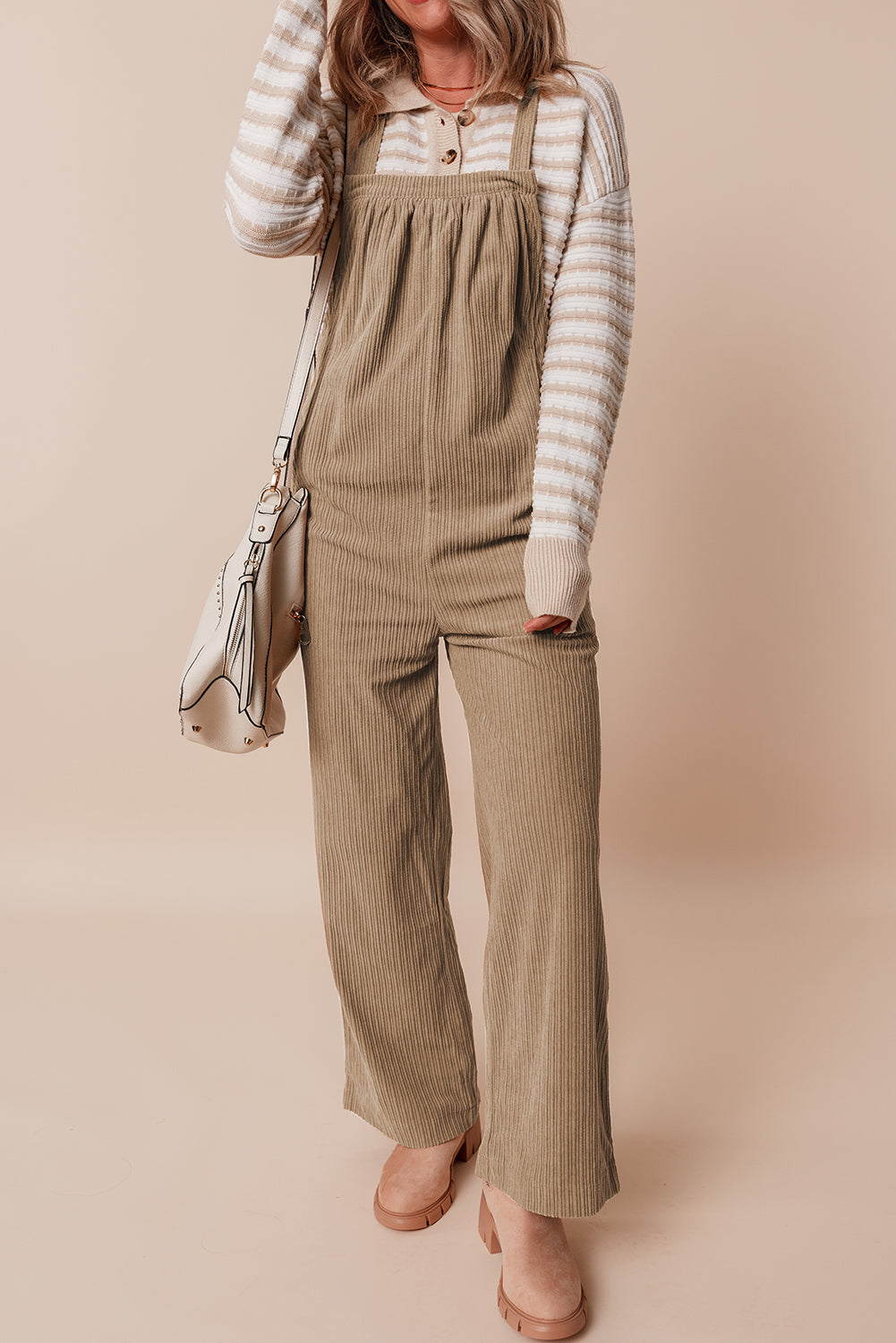 Khaki Morn Solid Pocketed Loose Fit Corduroy Overall