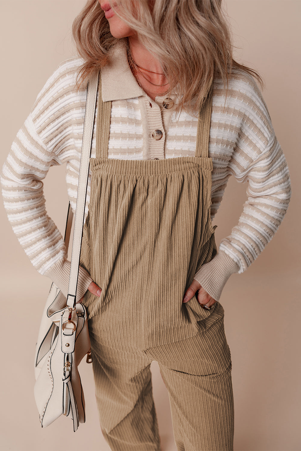 Khaki Morn Solid Pocketed Loose Fit Corduroy Overall
