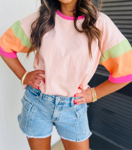 Pink Color Block Stitching Sleeve Round Neck Oversize Top