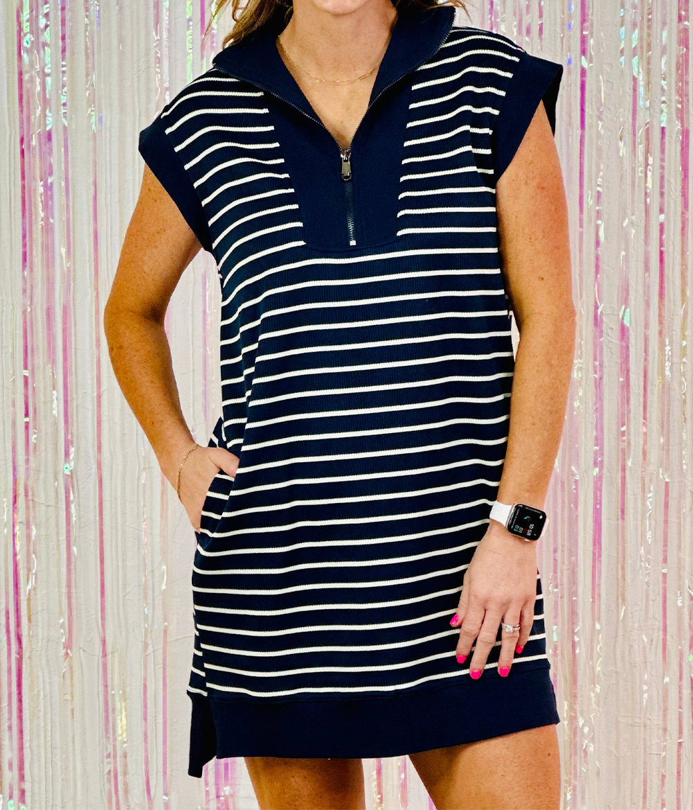 Navy Blue Quarter Zip Collared Cap Sleeve Mini Dress