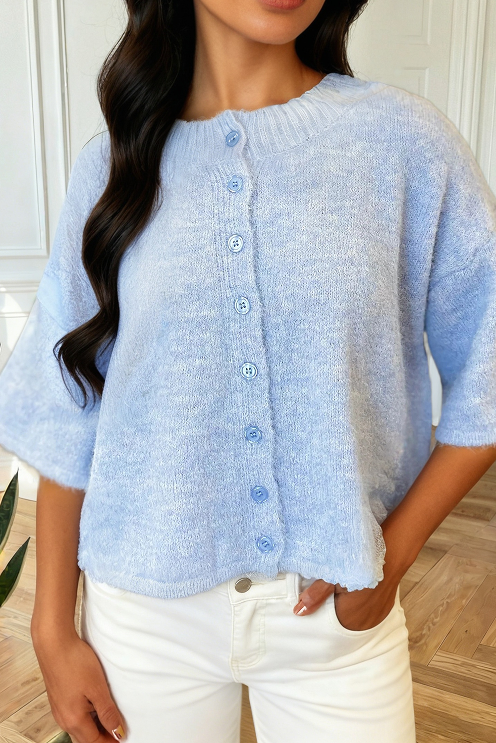 Beau Blue 3/4 Sleeve Boxy Knit Button Down Sweater Cardigan