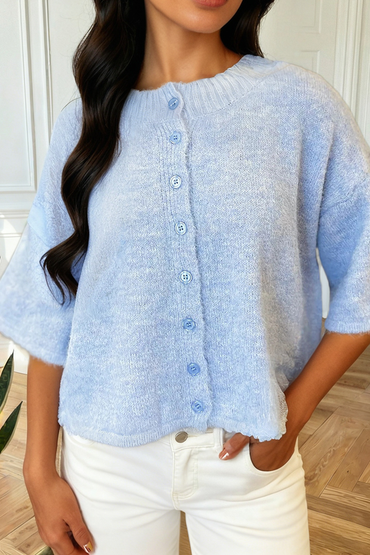 Beau Blue 3/4 Sleeve Boxy Knit Button Down Sweater Cardigan