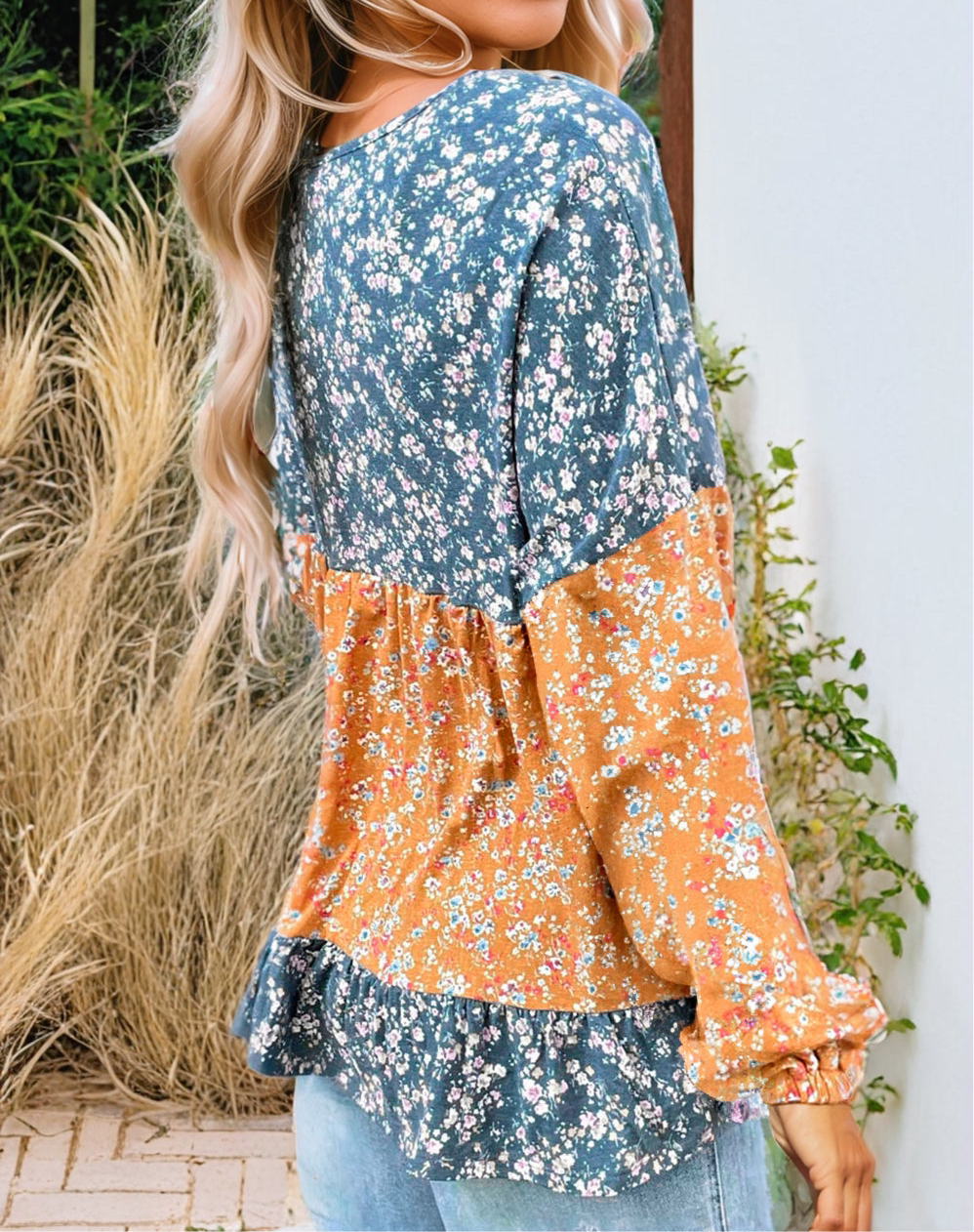 Orange Floral Color Block Patchwork Ruffled Hem Round Neck Blouse