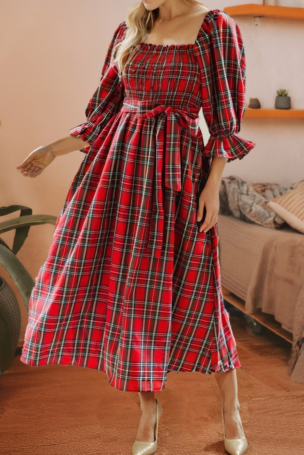 Plaid Square Neck Christmas Knot Waist Flared Dress