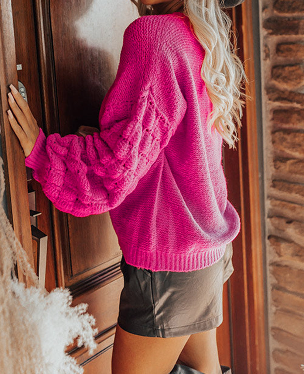 Rose Hollowed Bubble Sleeve Knit Sweater