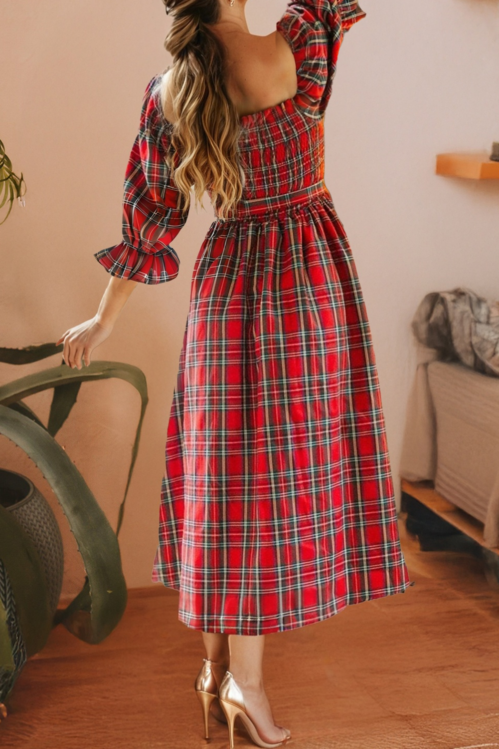 Plaid Square Neck Christmas Knot Waist Flared Dress