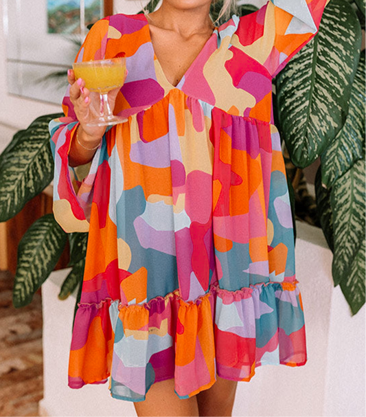 Red Abstract Print Bell Sleeve V Neck Babydoll Dress