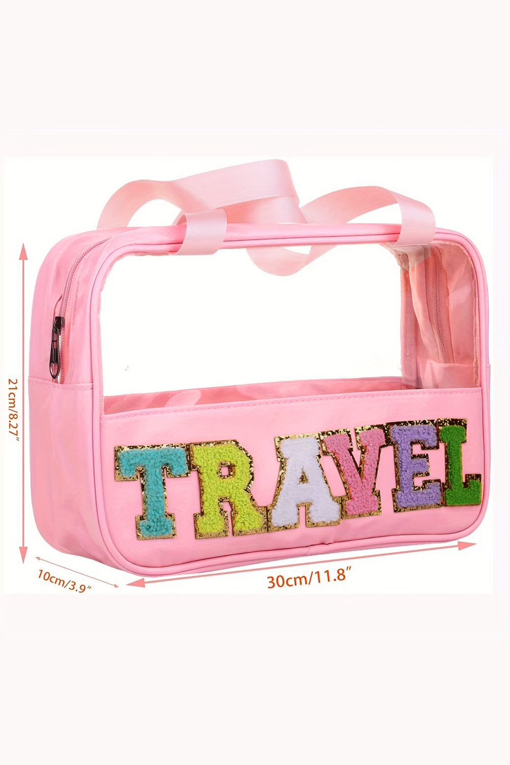 Light Pink TRAVEL Chenille Letter Clear PVC Makeup Bag