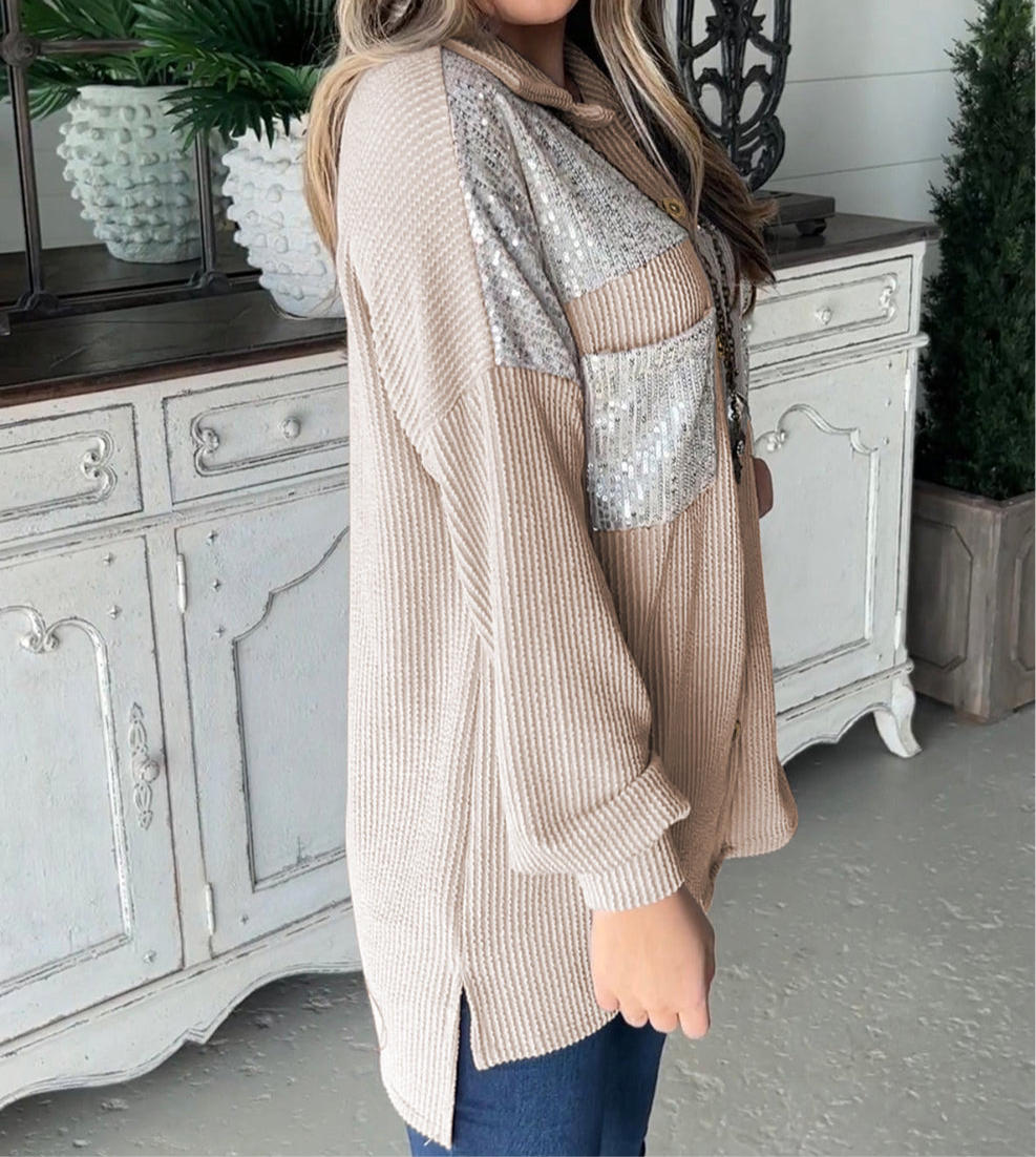 Parchment Sequin Patch Chest Pocket Corded Shacket