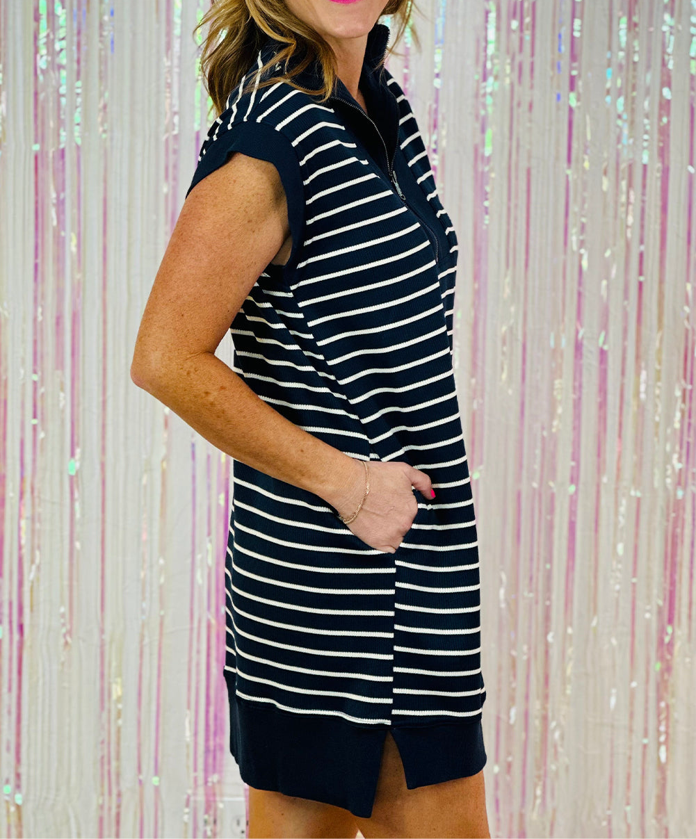 Navy Blue Quarter Zip Collared Cap Sleeve Mini Dress