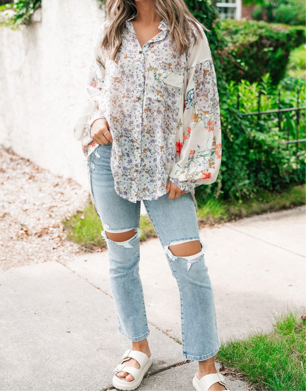 Purple Boho Floral Bishop Sleeve Button Up Loose Shirt