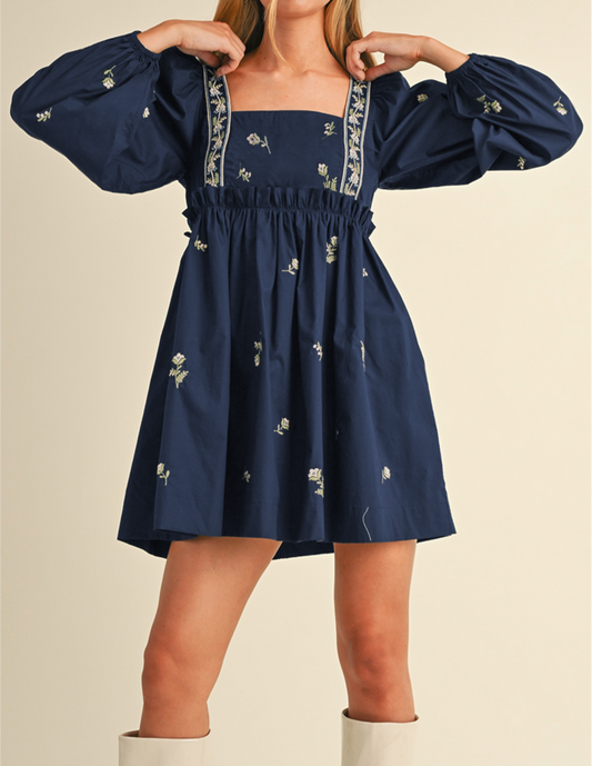 Blue Floral Embroidered Square Neck Puff Sleeve Ruffled Mini Dress