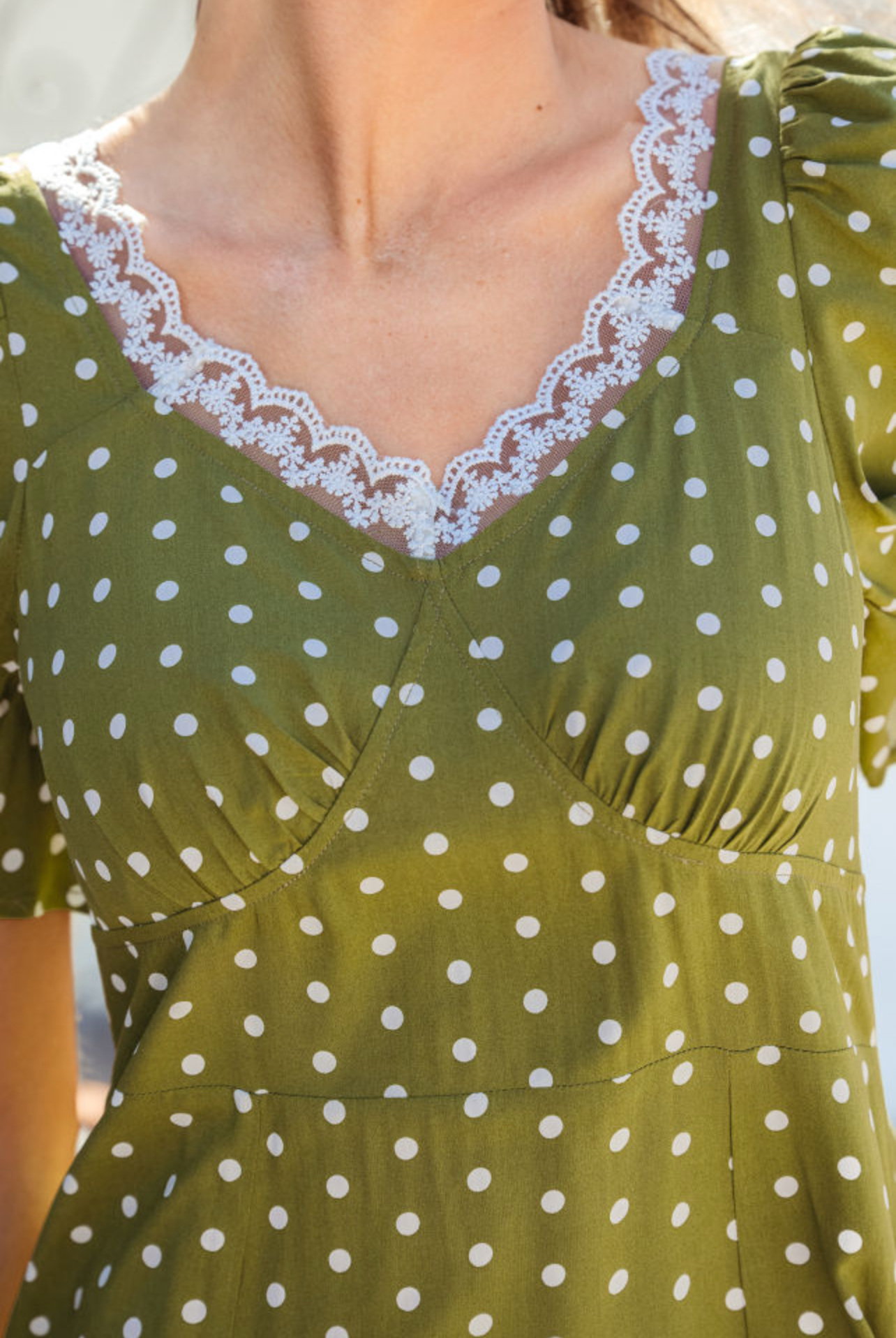 Green Polka Dot Print Lacy Neckline Smocked High Waist Maxi Dress