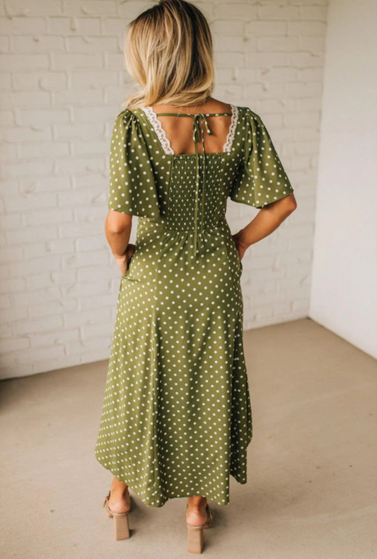 Green Polka Dot Print Lacy Neckline Smocked High Waist Maxi Dress