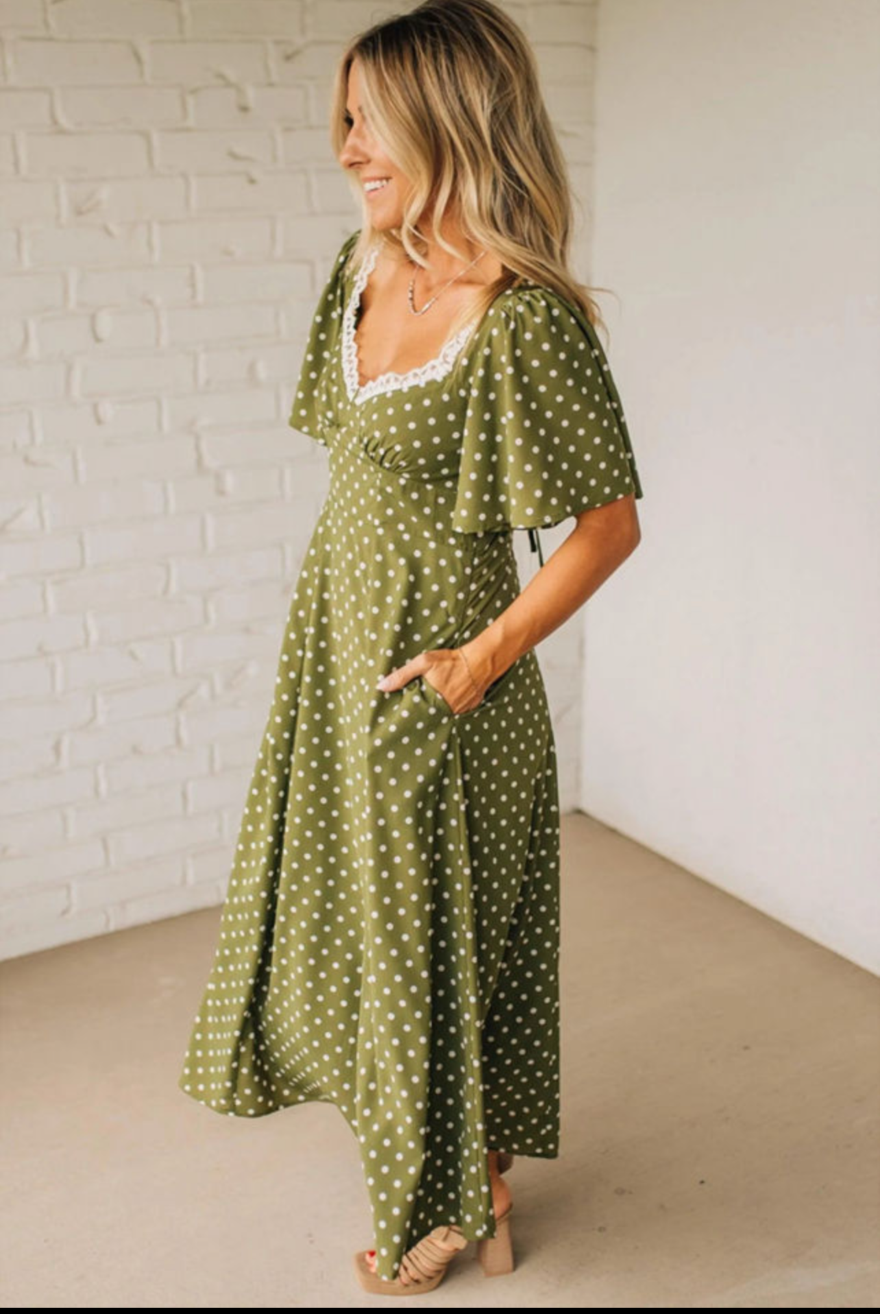 Green Polka Dot Print Lacy Neckline Smocked High Waist Maxi Dress
