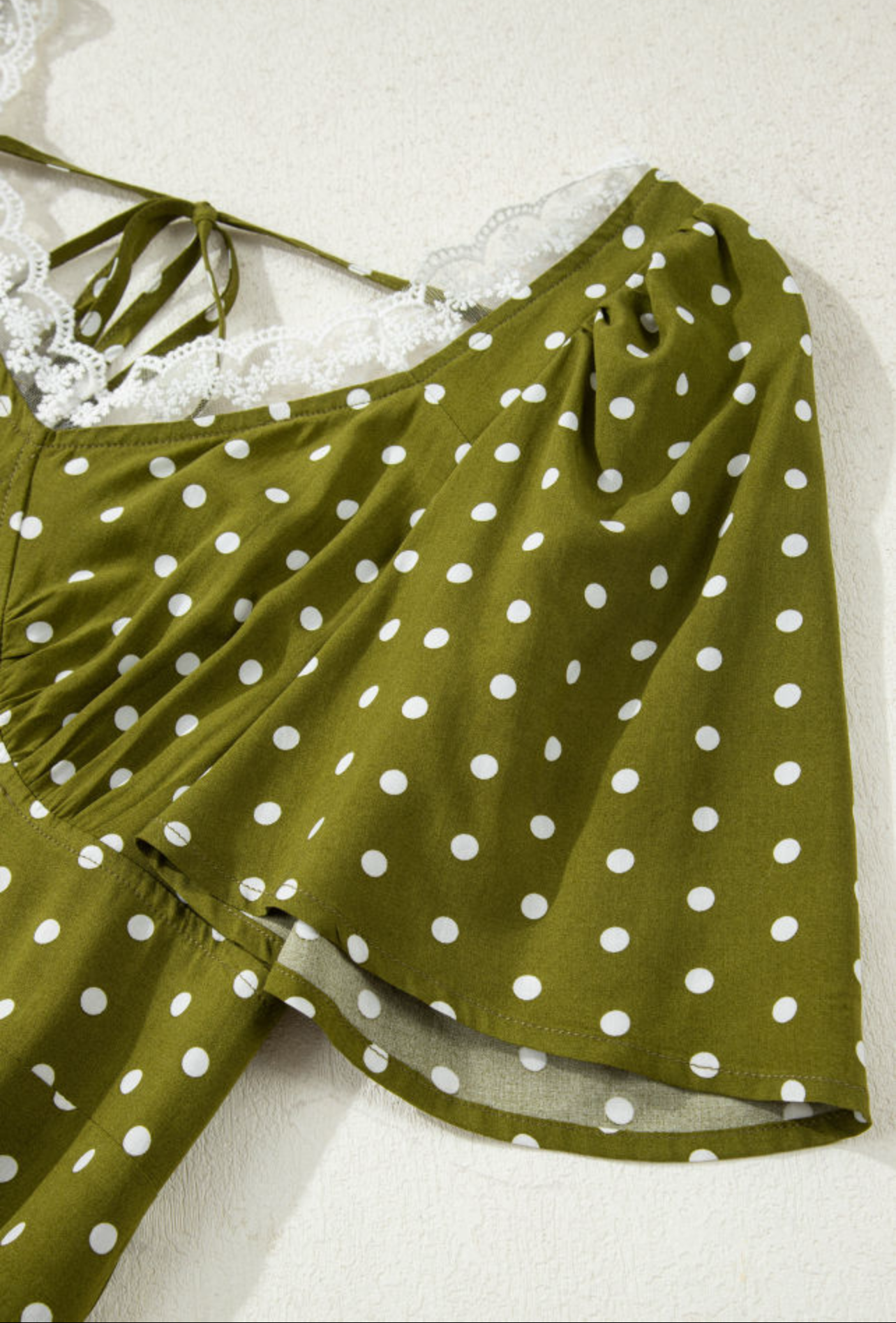 Green Polka Dot Print Lacy Neckline Smocked High Waist Maxi Dress