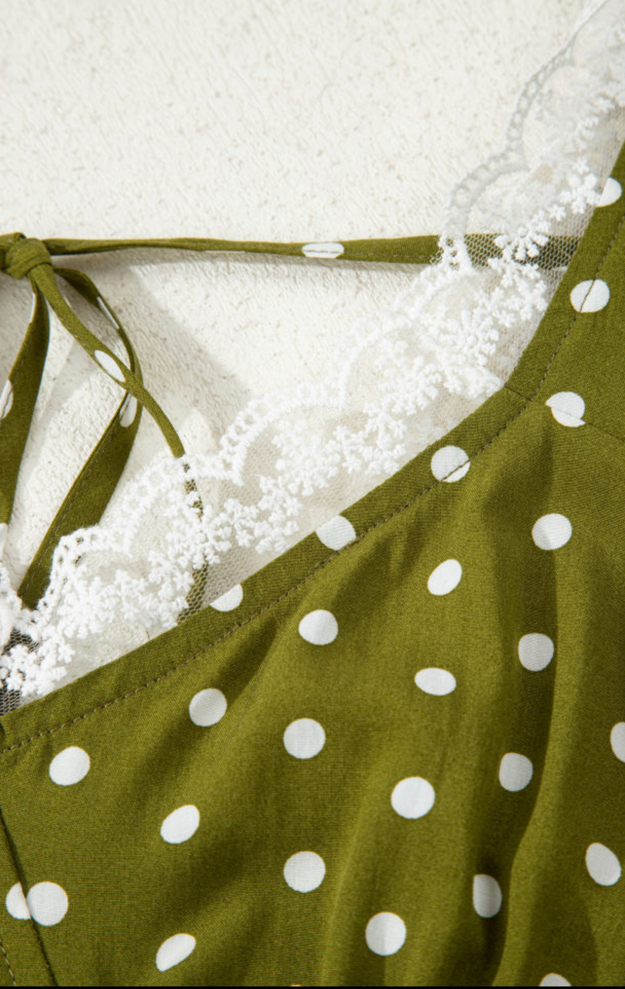 Green Polka Dot Print Lacy Neckline Smocked High Waist Maxi Dress