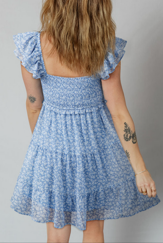 Sky Blue Floral Print Square Neck Flutter Sleeve Smocked Tiered Mini Dress