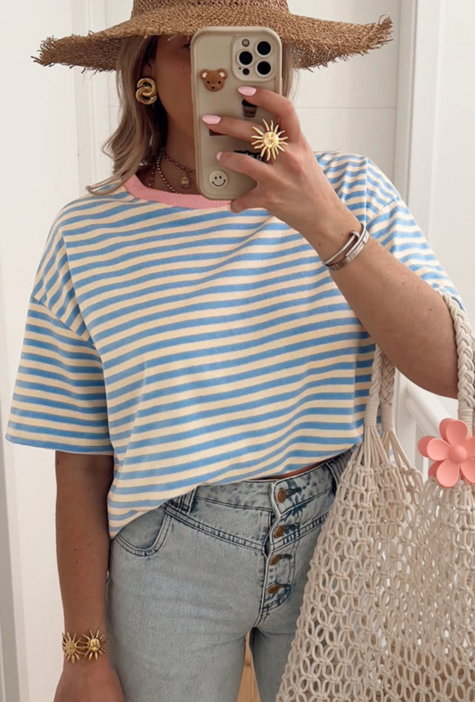 Sky Blue Stripe Contrast Crew Neck Drop Shoulder Loose Tee