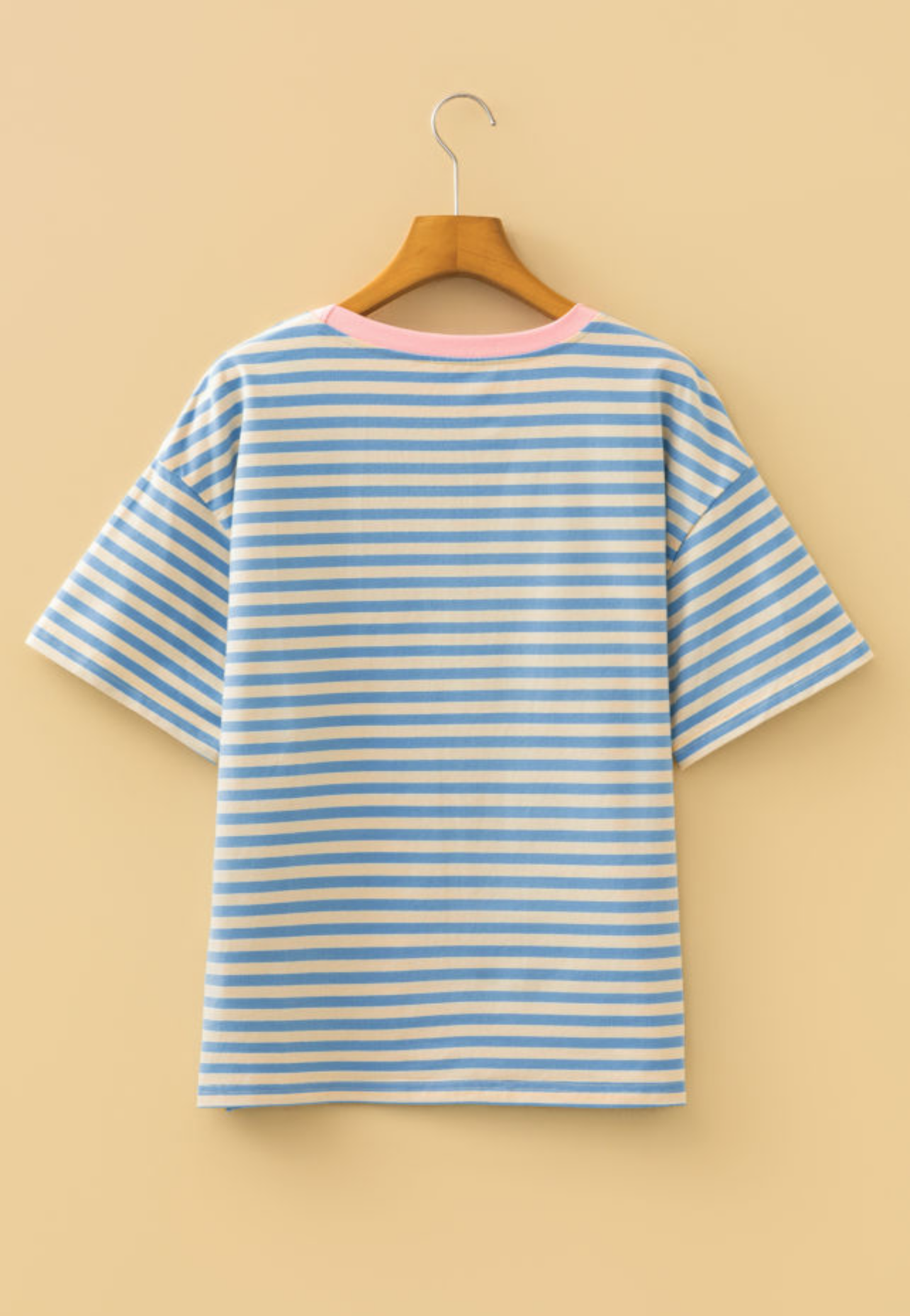 Sky Blue Stripe Contrast Crew Neck Drop Shoulder Loose Tee