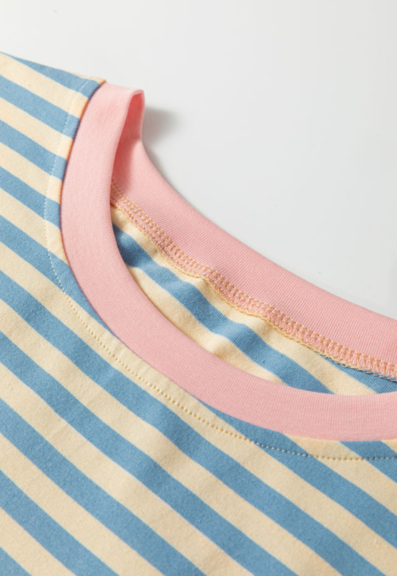 Sky Blue Stripe Contrast Crew Neck Drop Shoulder Loose Tee