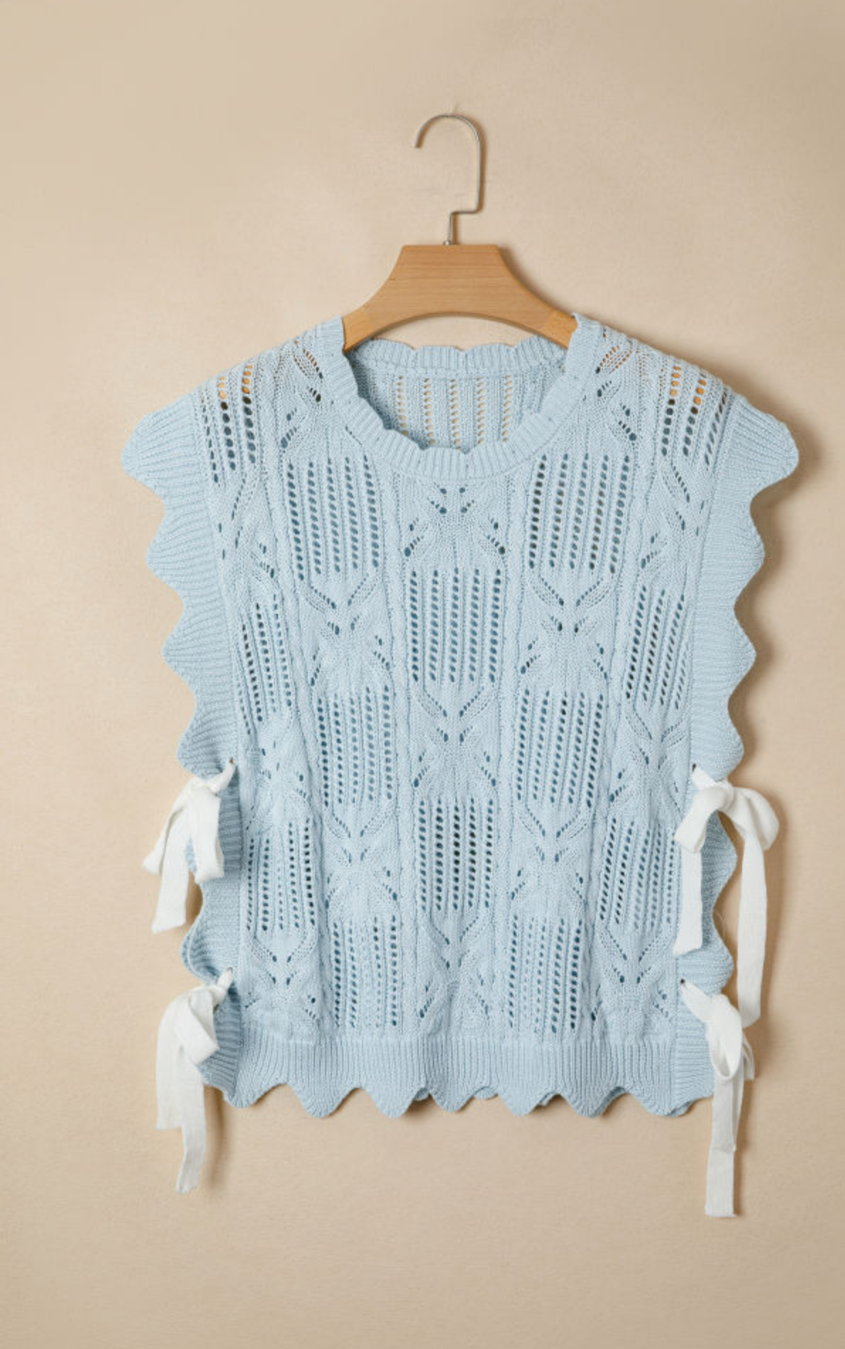 Beau Blue Pointelle Knit Patterned Scalloped Trim Short Sleeve Sweater