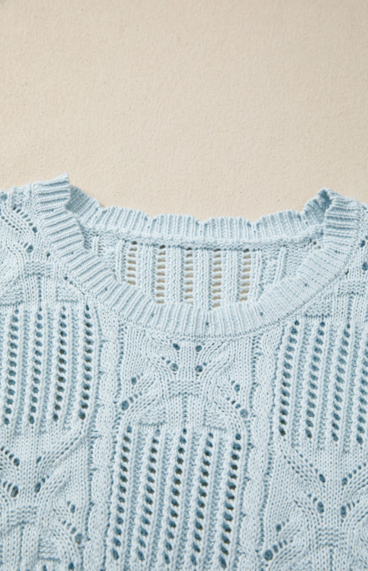 Beau Blue Pointelle Knit Patterned Scalloped Trim Short Sleeve Sweater