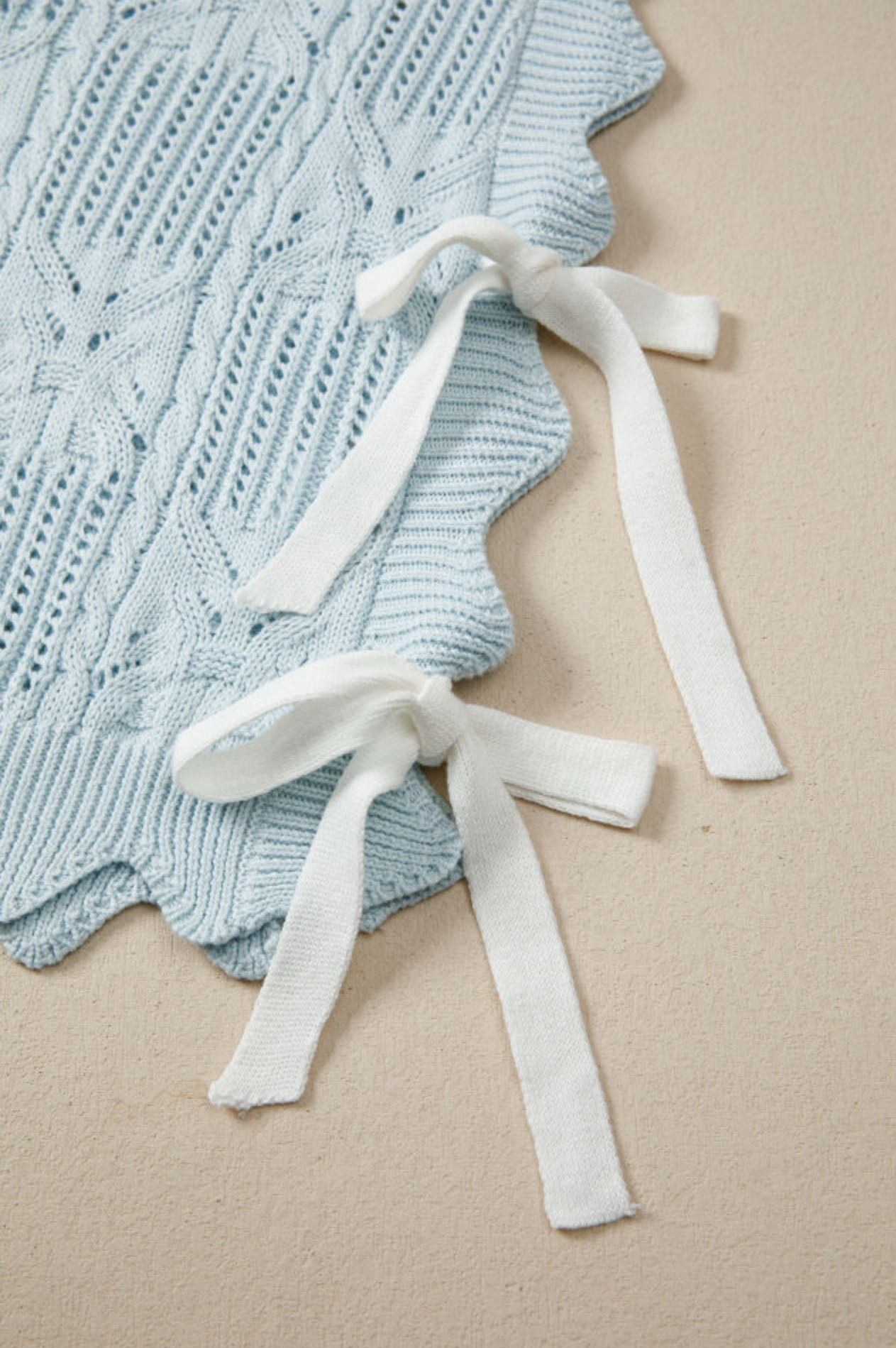 Beau Blue Pointelle Knit Patterned Scalloped Trim Short Sleeve Sweater