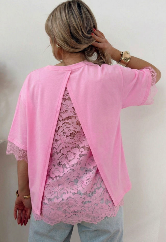 Pink Eyelash Floral Lace Patchwork Half Sleeve Oversize Tee
