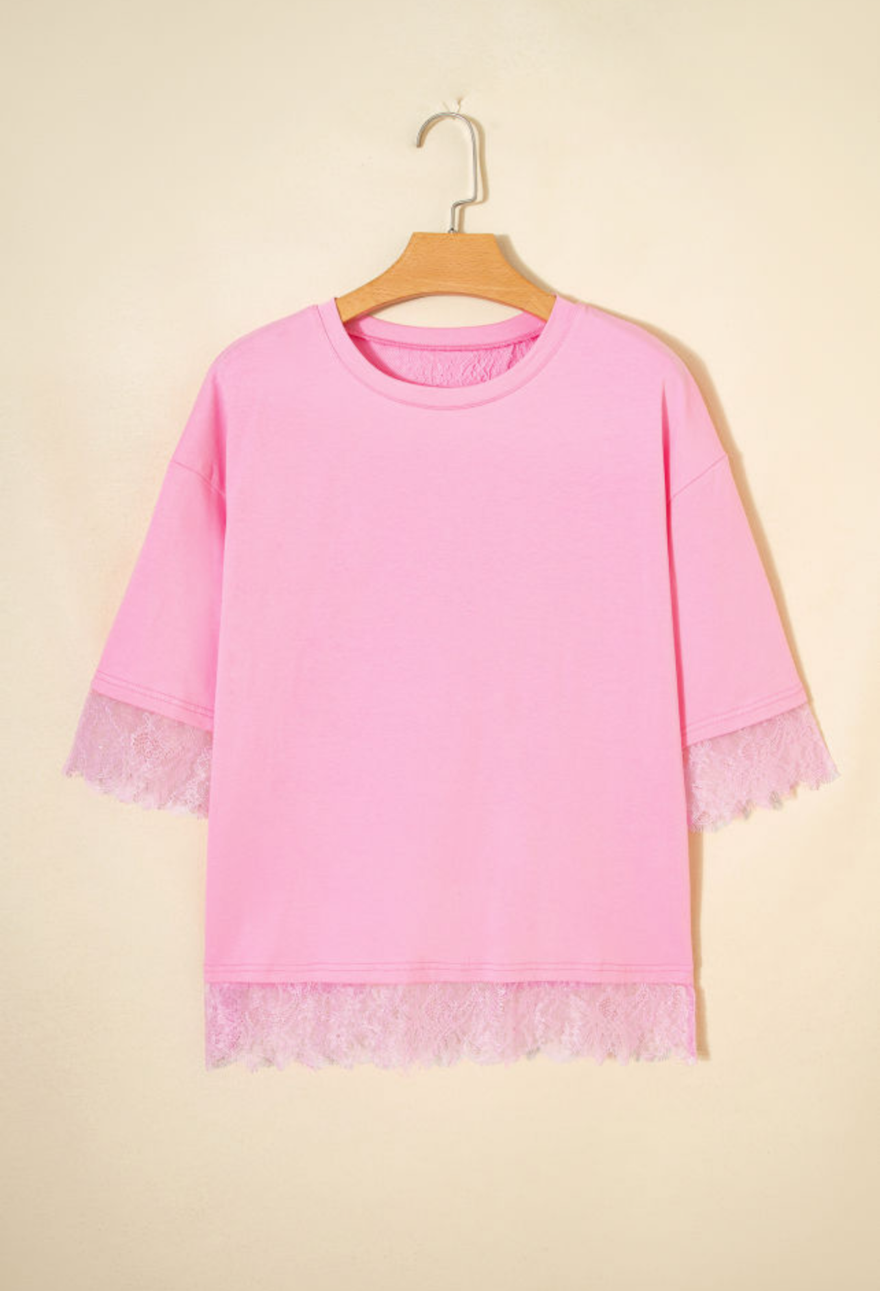 Pink Eyelash Floral Lace Patchwork Half Sleeve Oversize Tee