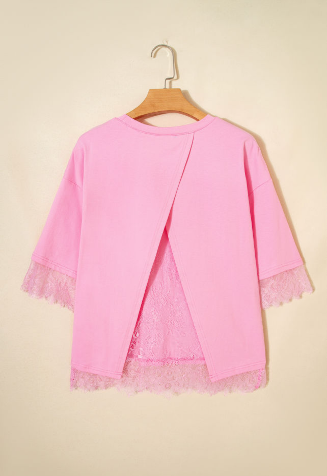 Pink Eyelash Floral Lace Patchwork Half Sleeve Oversize Tee