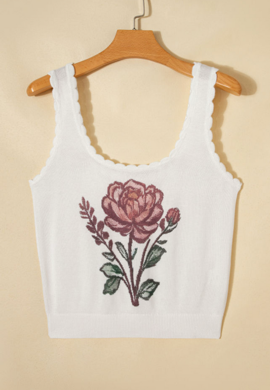 White Retro Floral Print Scalloped Square Neck Knit Sweater Vest