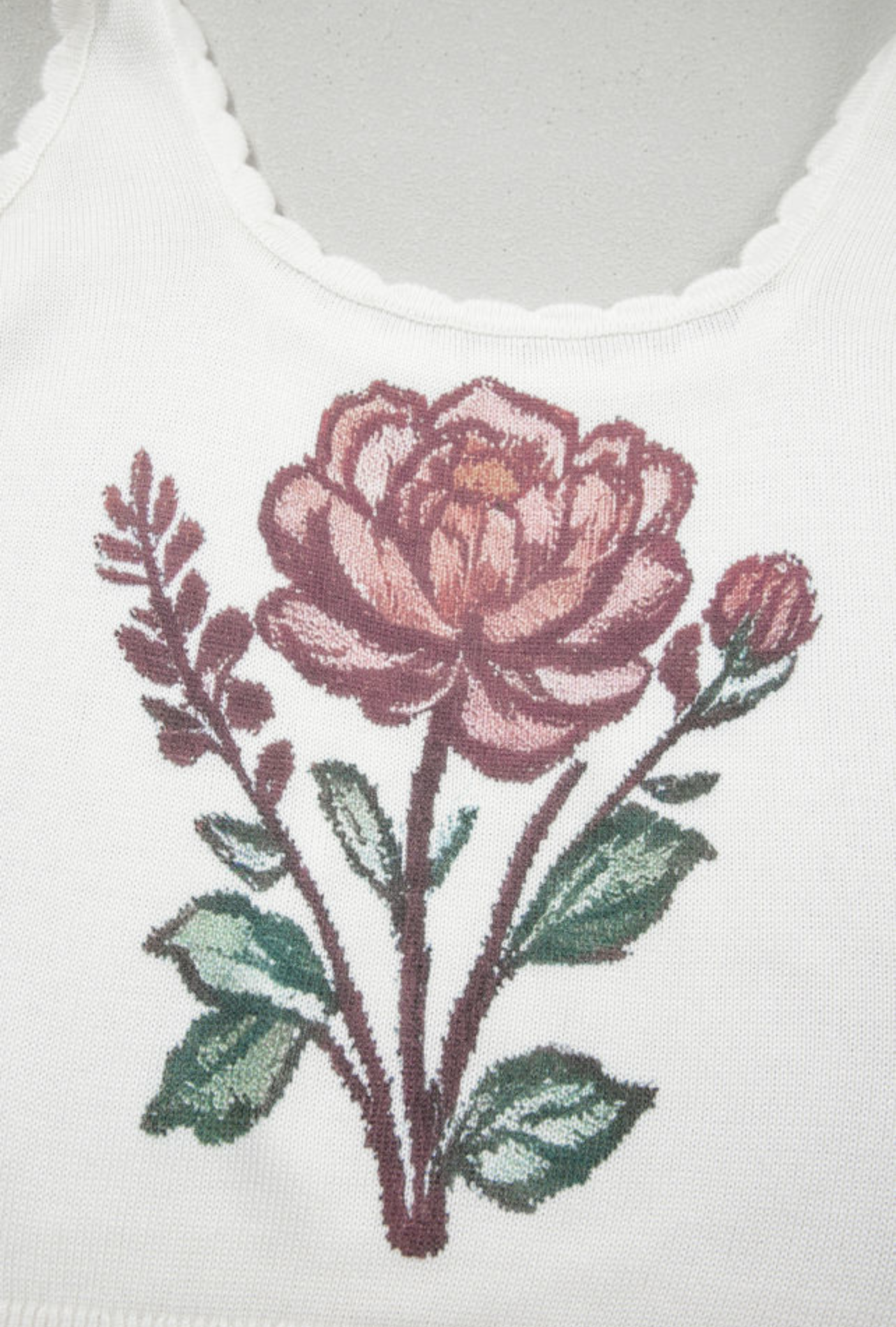 White Retro Floral Print Scalloped Square Neck Knit Sweater Vest