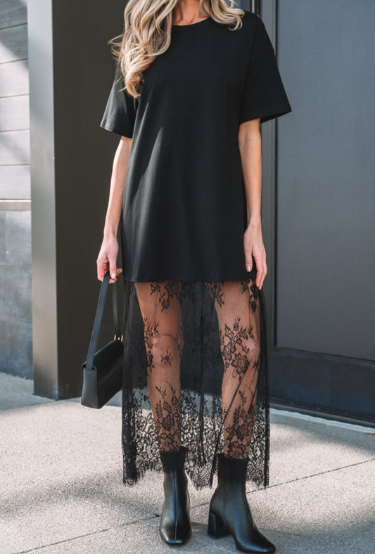 Black floral Lace T Shirt Midi Dress