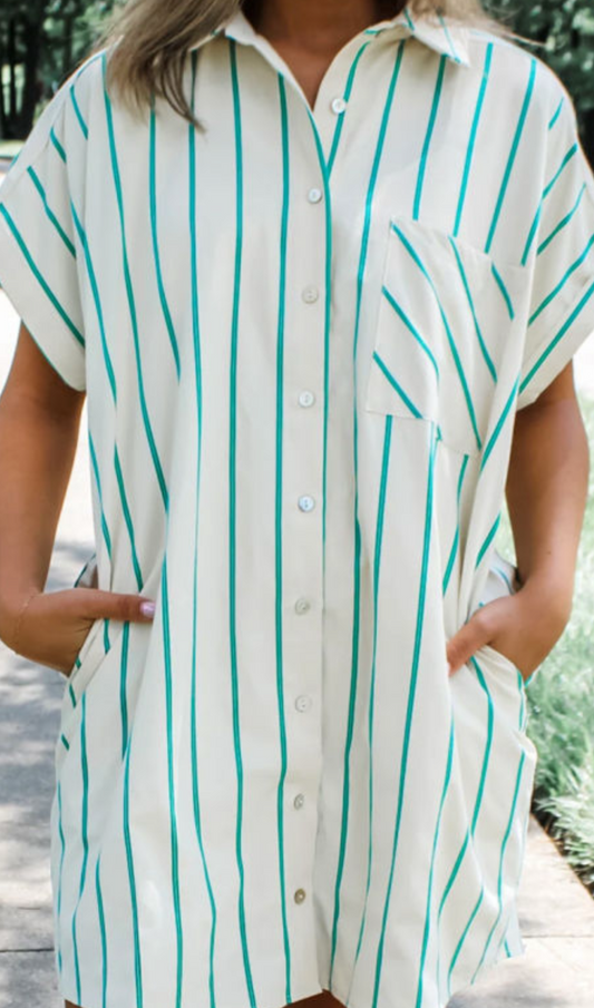 Mint Green striped short sleeve mini shirt dress