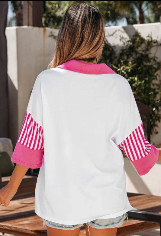 White and Pink striped color block polo