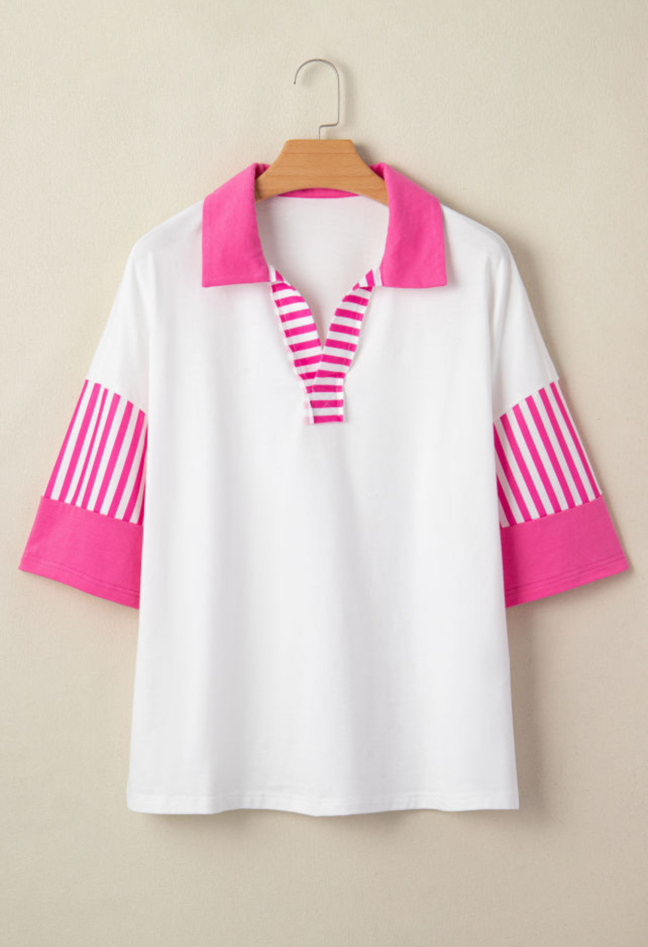 White and Pink striped color block polo