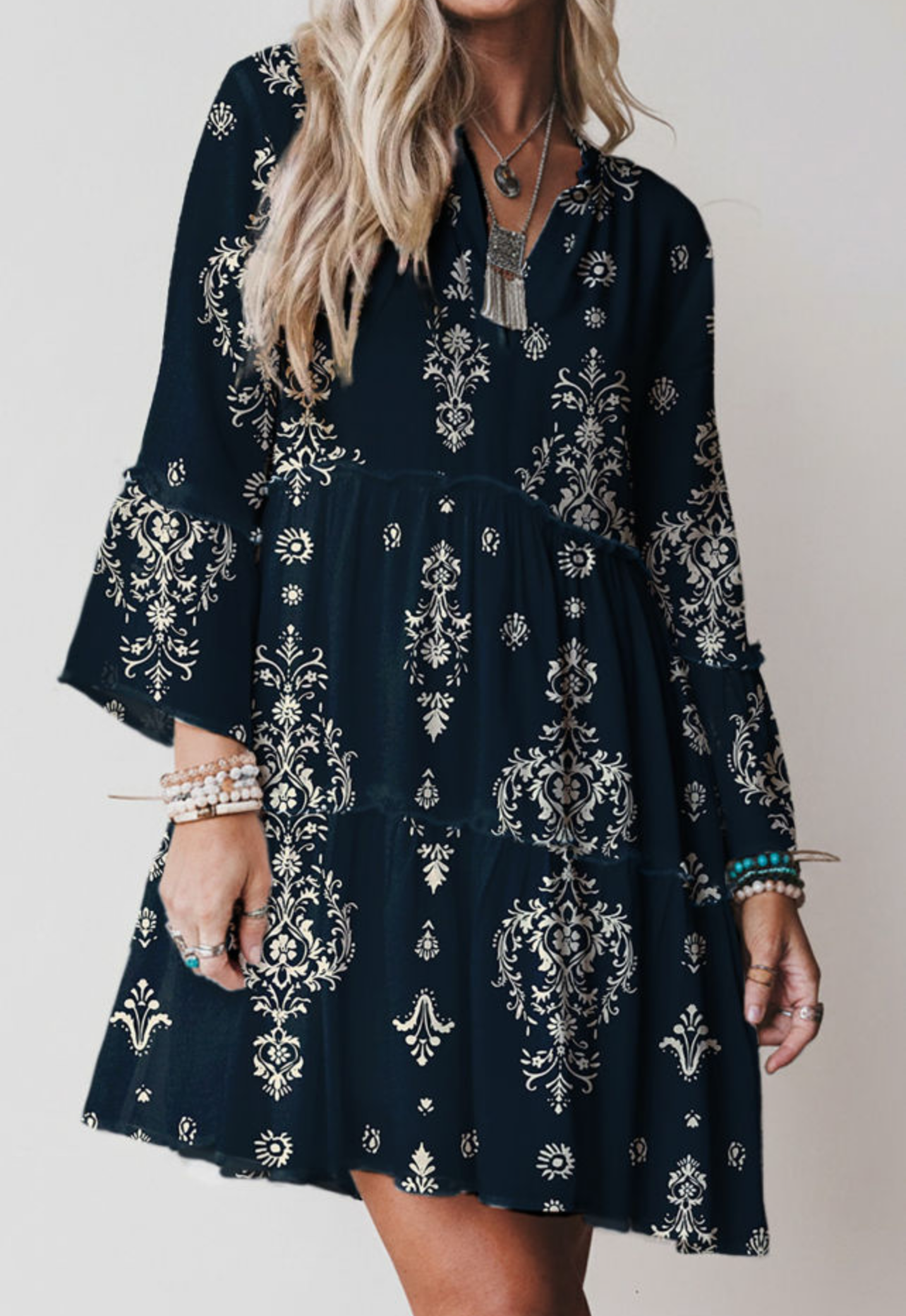 Blue boho floral print lettuce trim 3/4 sleeve mini dress