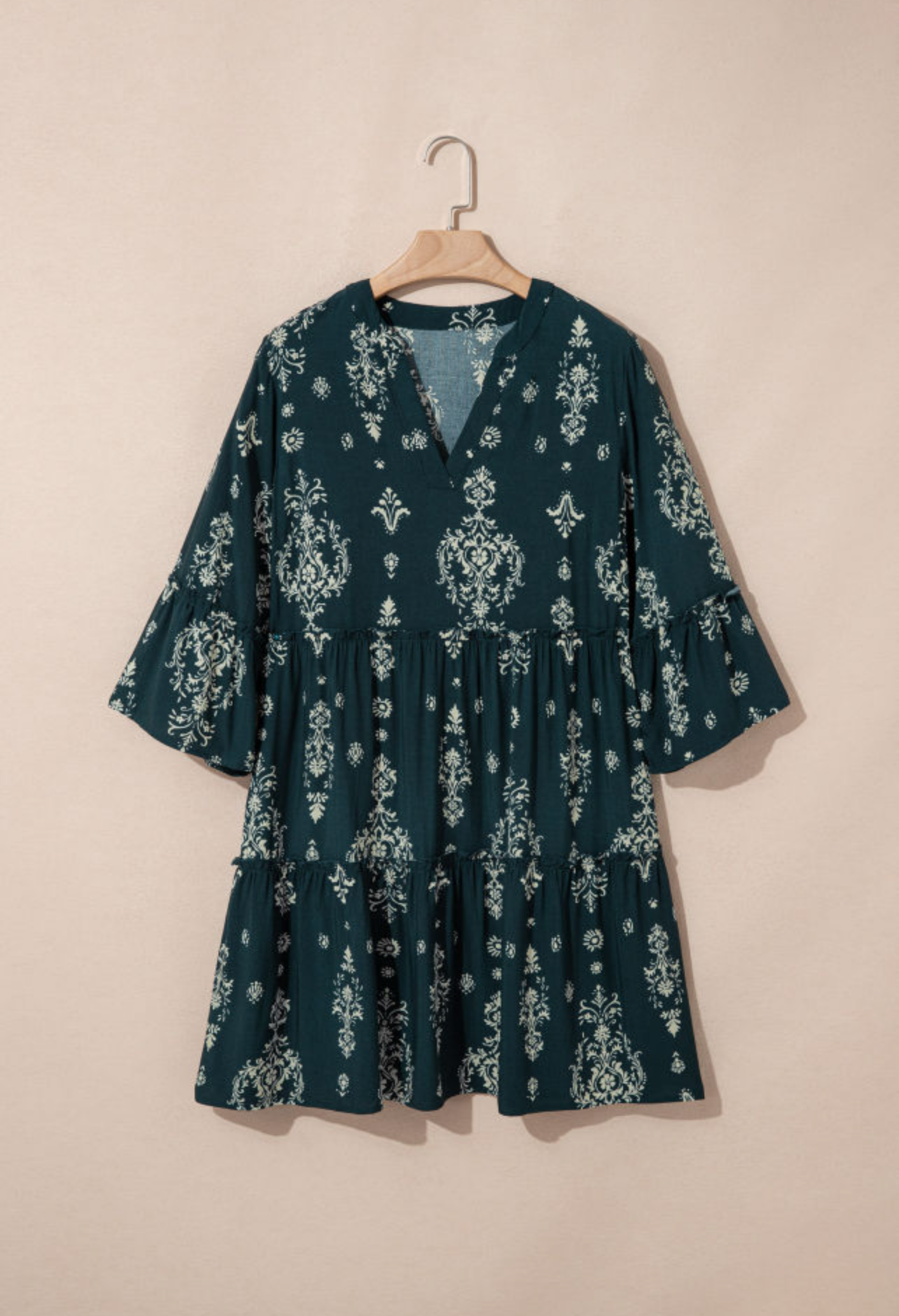 Blue boho floral print lettuce trim 3/4 sleeve mini dress