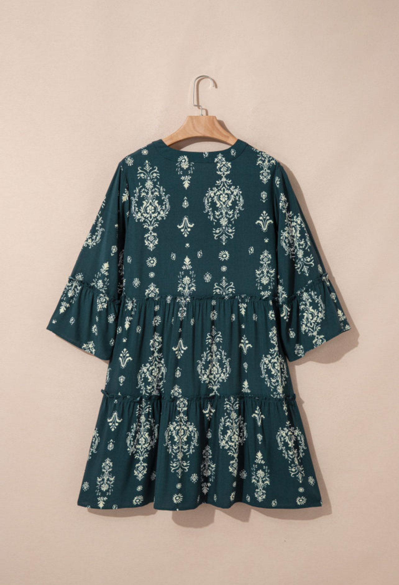 Blue boho floral print lettuce trim 3/4 sleeve mini dress