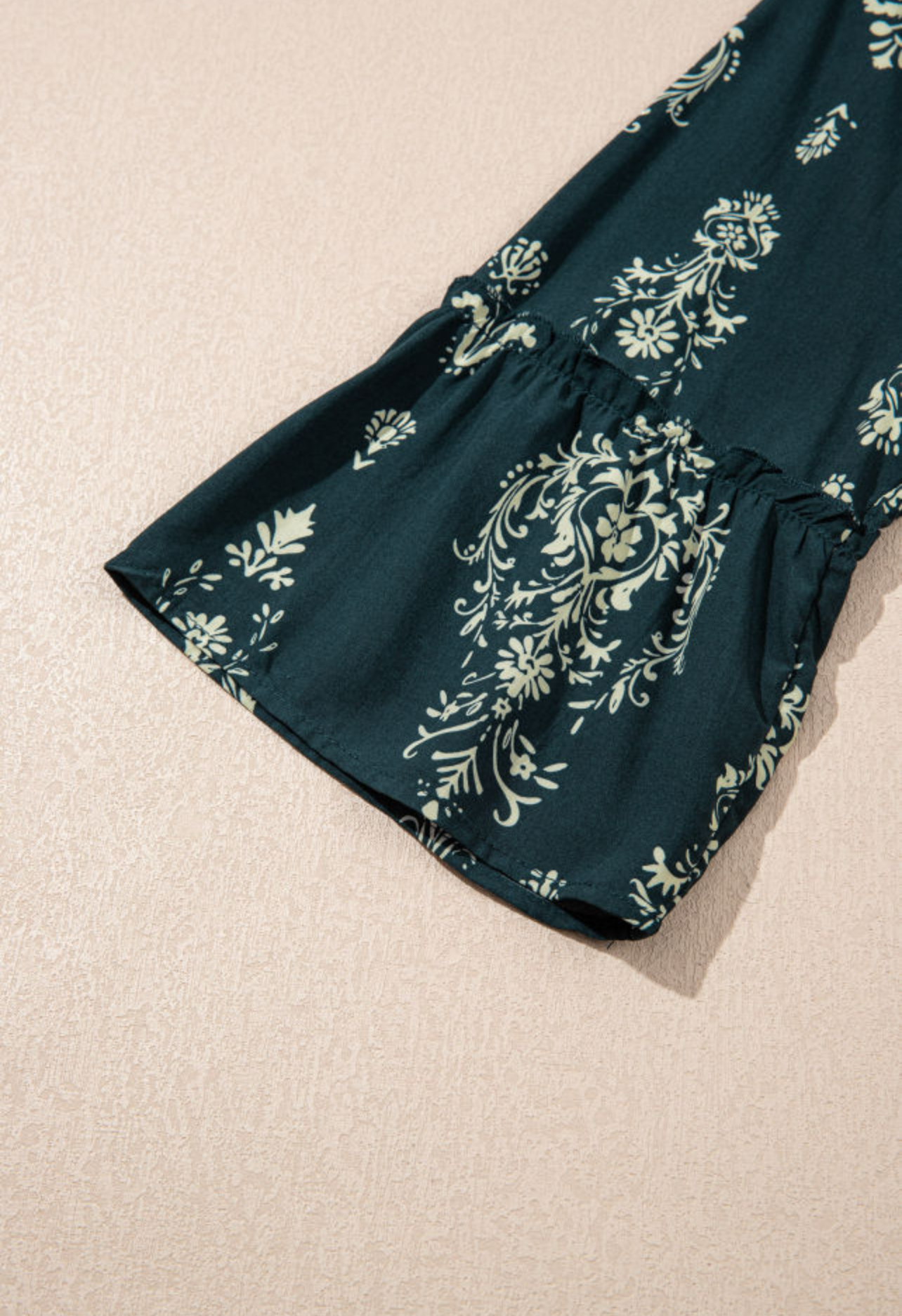 Blue boho floral print lettuce trim 3/4 sleeve mini dress