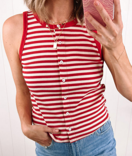 Red stripe button ribbed knit tank