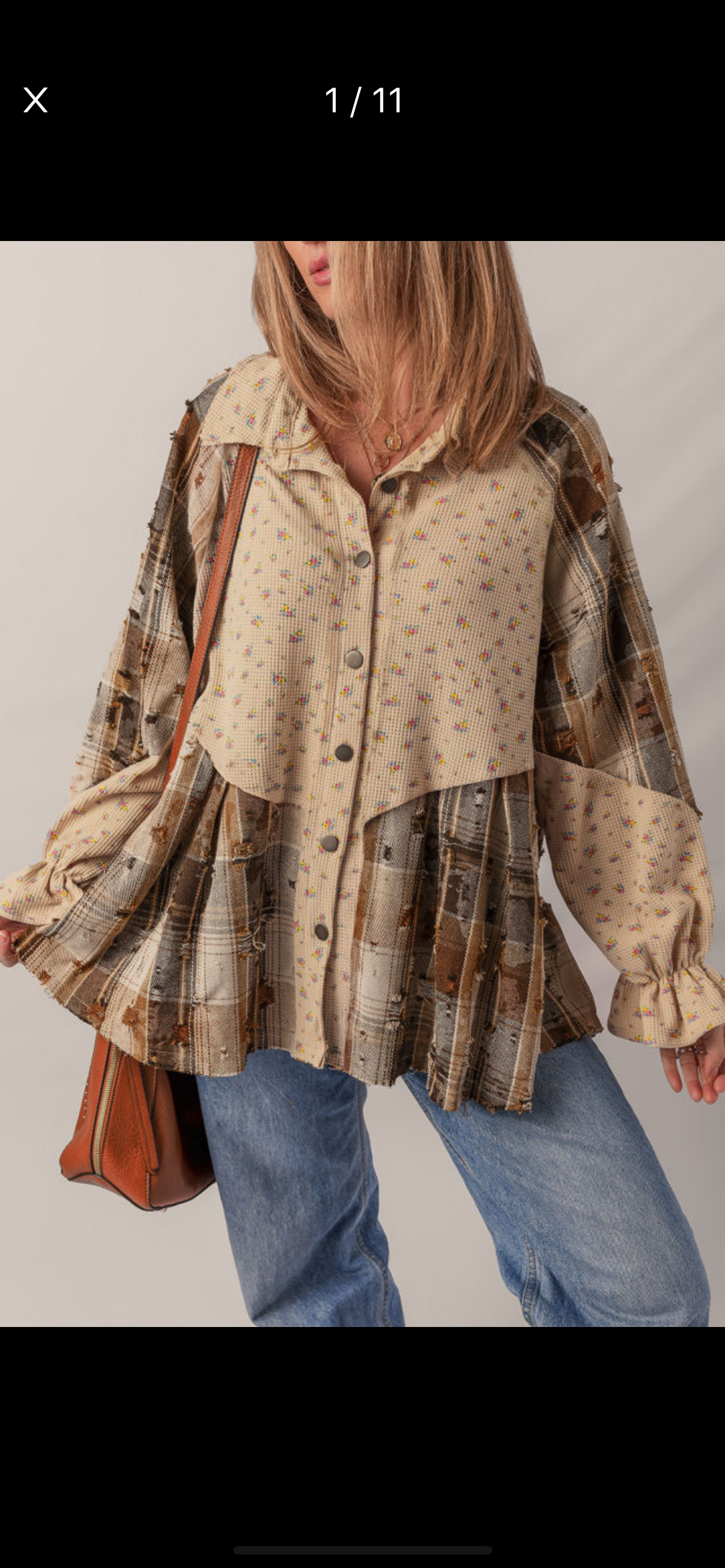 Oatmeal boho floral plaid distressed waffle knit top