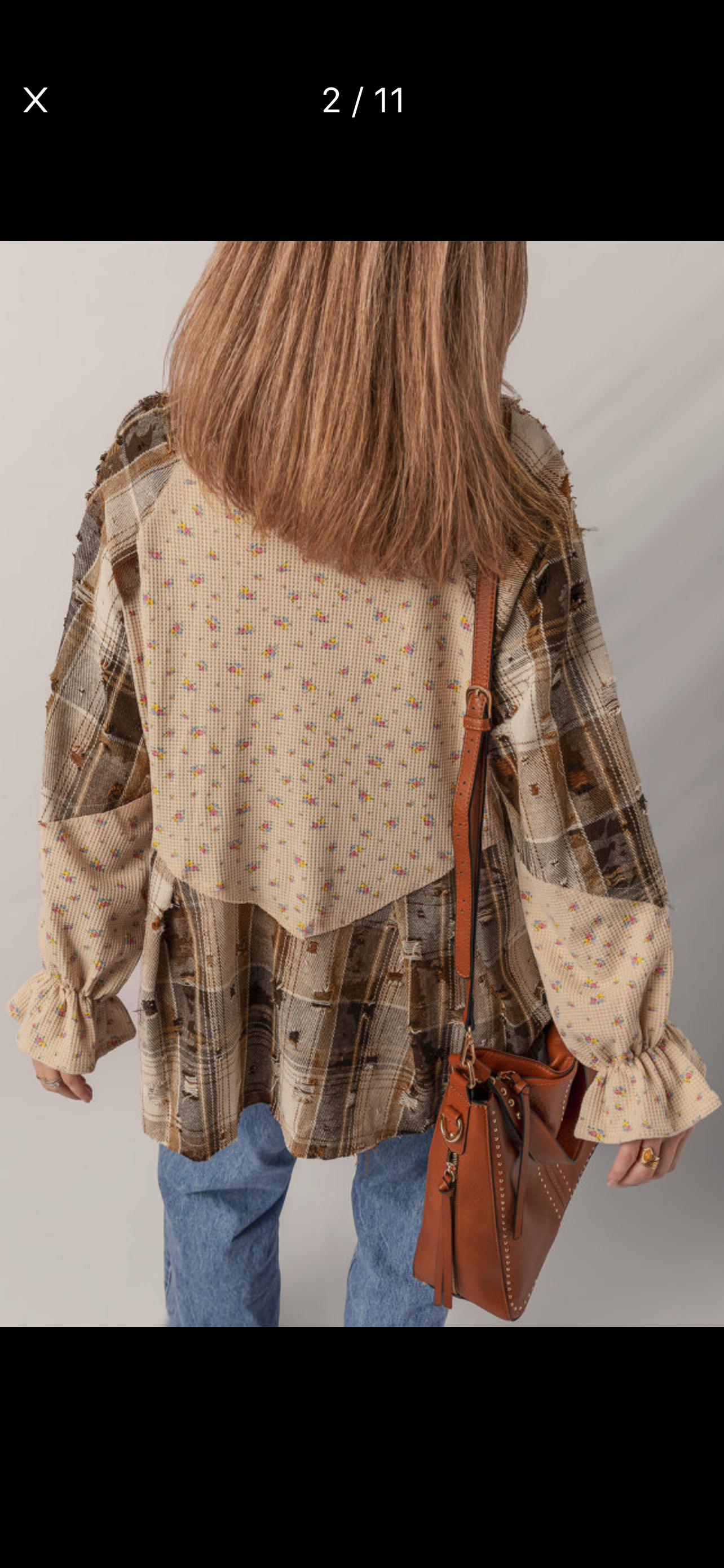 Oatmeal boho floral plaid distressed waffle knit top