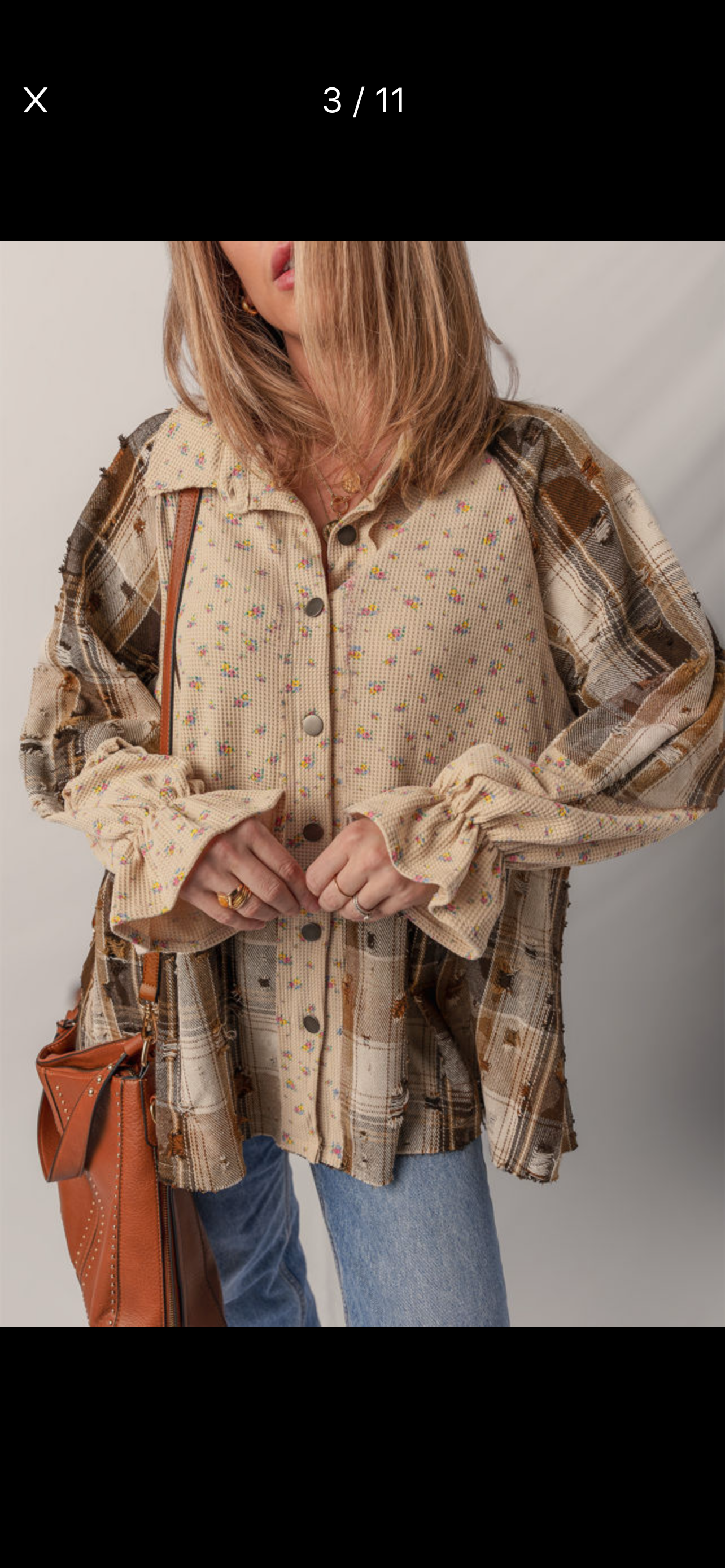 Oatmeal boho floral plaid distressed waffle knit top
