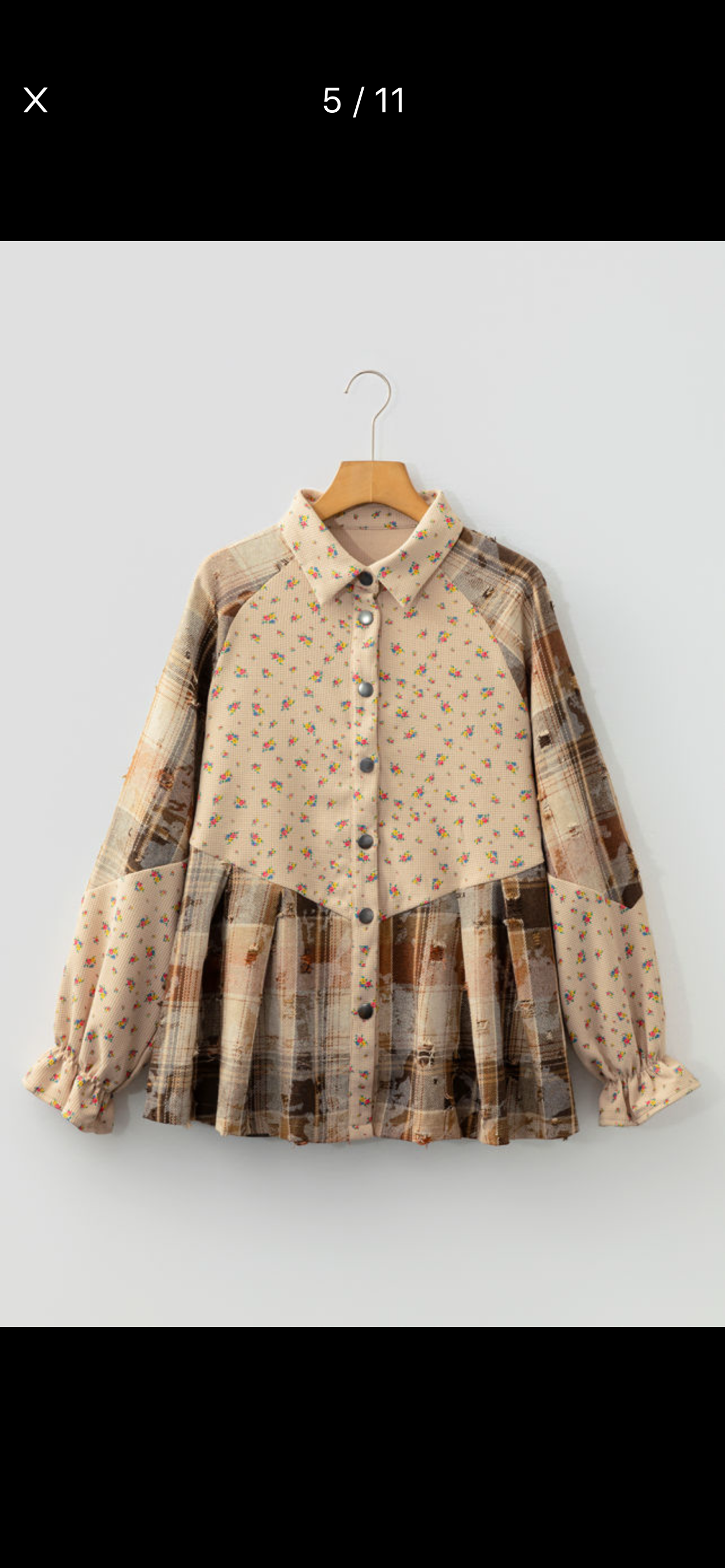 Oatmeal boho floral plaid distressed waffle knit top